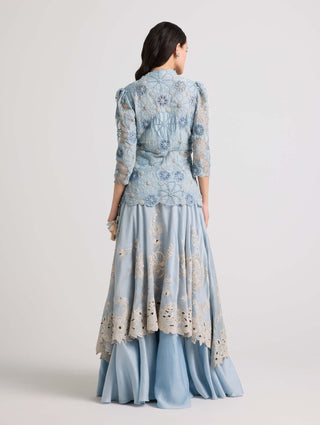 Powder Blue Contrast Cutwork Layered Lehenga by Chandrima available on Indiaspopup.com