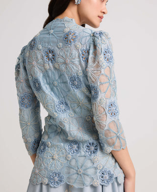 Powder Blue Sheer Applique Peplum Jacket by Chandrima available on Indiaspopup.com