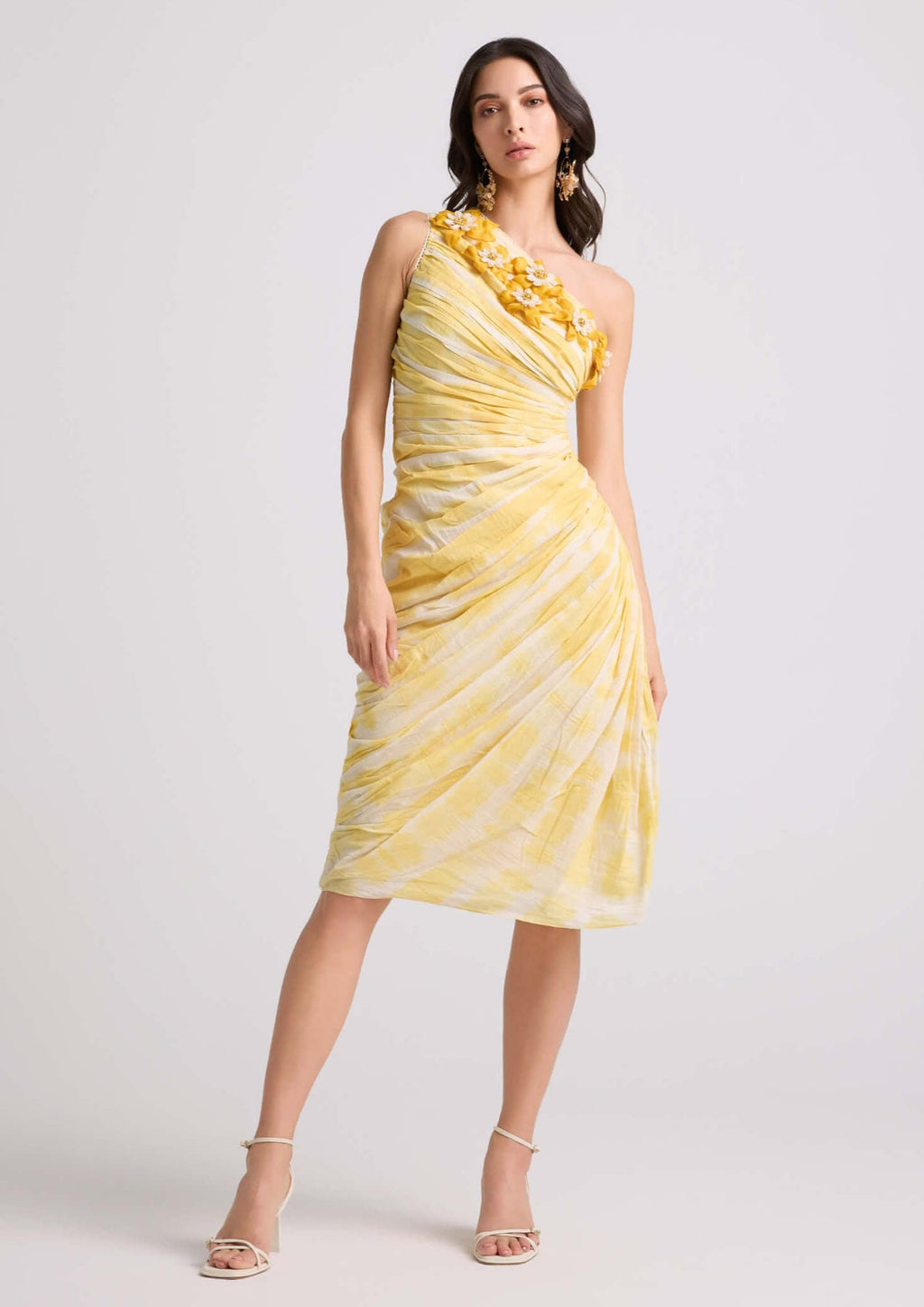 Chandrima Yellow Tie-Dye Asymmetrical Ruched Dress | Indiaspopup.com
