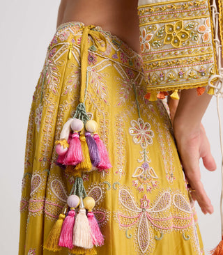 Yellow contrast cordwork and beadwork lehenga