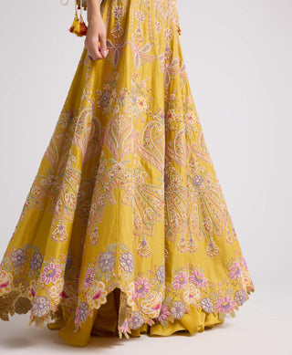 Yellow Contrast Cordwork And Beadwork Lehenga by Chandrima available on Indiaspopup.com