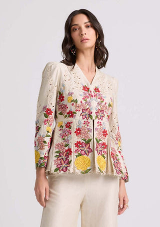 Ivory floral threadwork pleated jacket