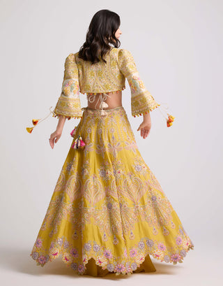 Yellow Contrast Cordwork And Beadwork Lehenga by Chandrima available on Indiaspopup.com