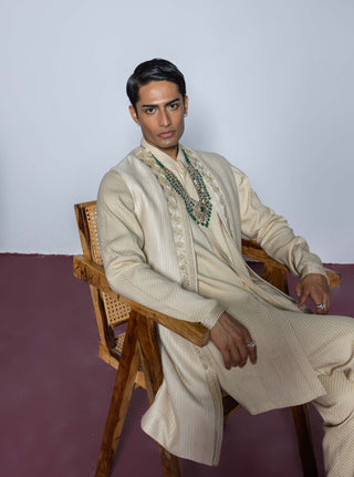 Contrast By Parth-Dori Saga Beige Shrug And Kurta Set-INDIASPOPUP.COM