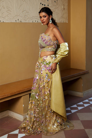 Yellow Laya Draped Sari Set by Moledro available on Indiaspopup.com