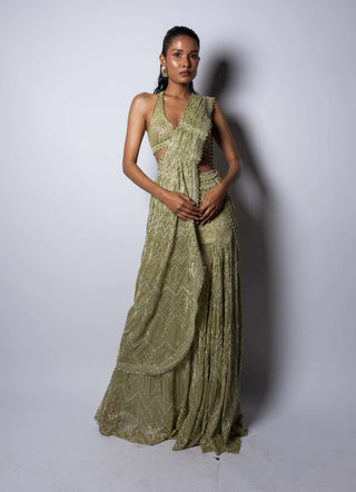 Ritika Mirchandani-Vera Metallic Green Lehenga Sari And Blouse-INDIASPOPUP.COM