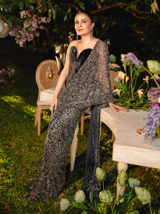 Midnight frost silver black drape sari and corset