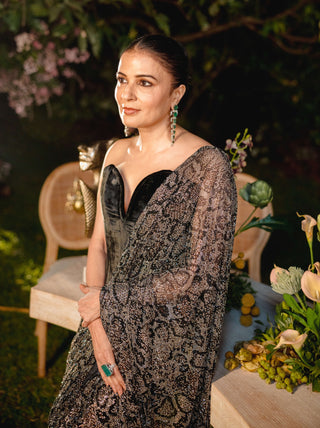 Midnight frost silver black drape sari and corset