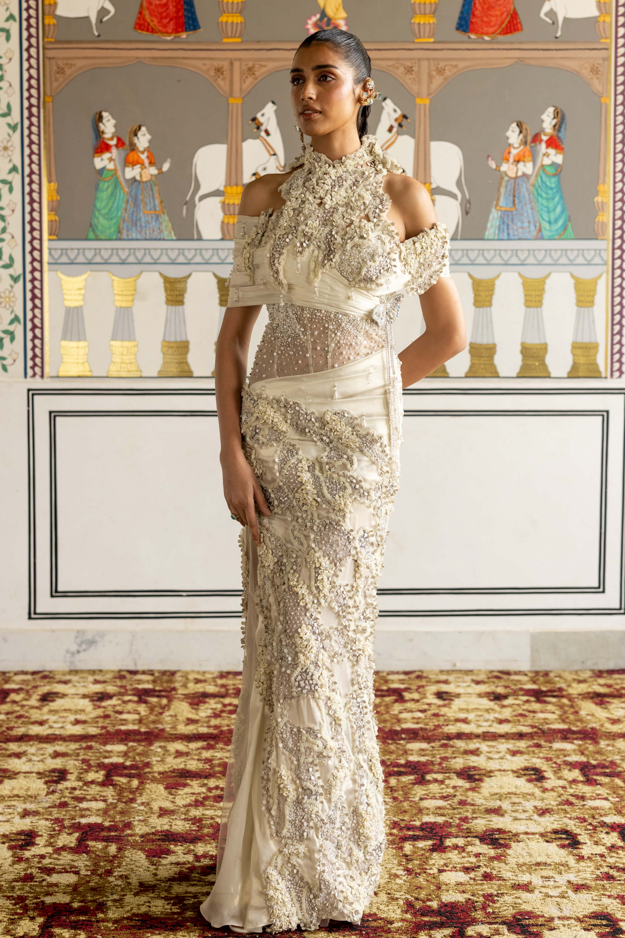 draped ivory dress Aizlin floral gown – Moledro L collections:SlipOns Maxi Dress Blue Floral elevated look for their Colour:LIGHT PINK
