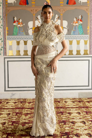 Aizlin ivory floral draped gown