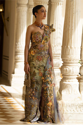 Nerina ombre draped sari gown