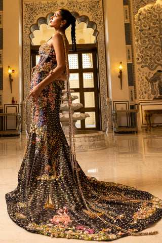 Hera midnight blue trail lehenga with corset