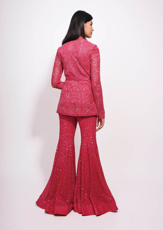 Corduroy fuschia mandarin kurta and stardust sharara set