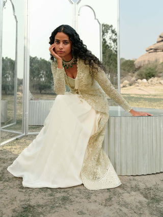 Mishru-Ivory Áine Draped Sari And Jacket Set-INDIASPOPUP.COM