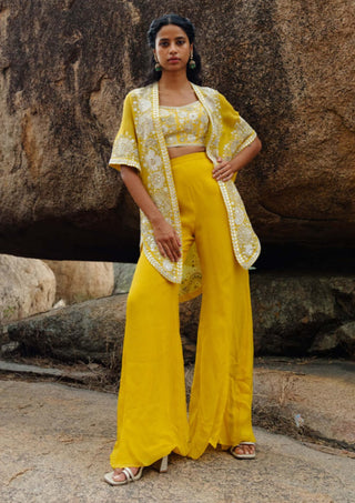 Mishru-Yellow Ilana Cape And Pant Set-INDIASPOPUP.COM