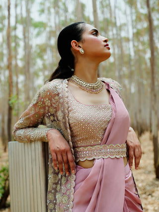 Mishru-Muted Pink Áine Draped Sari And Jacket Set-INDIASPOPUP.COM