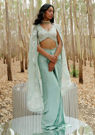 Mishru-Mint Ilana Cape And Skirt Set-INDIASPOPUP.COM
