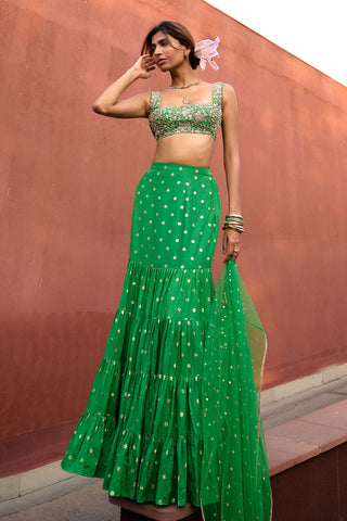 Aisha Green Tiered Lehenga Set by Chamee And Palak, available on Indiaspopup.com