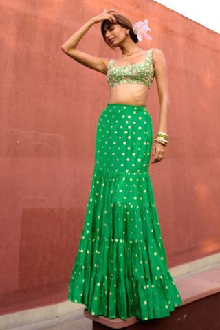 Aisha Green Tiered Lehenga Set by Chamee And Palak, available on Indiaspopup.com