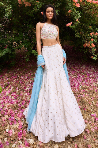 Anaisa Ivory And Powder Blue Gusset Skirt Set by Chamee And Palak, available on Indiaspopup.com