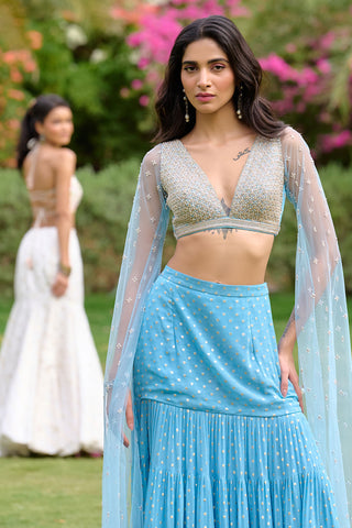 Abha Blue Lehenga Set by Chamee And Palak, available on Indiaspopup.com