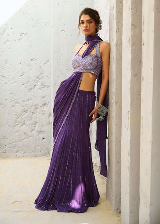 Moon Purple Pre-Drape Sari And Blouse by Chamee And Palak available on Indiaspopup