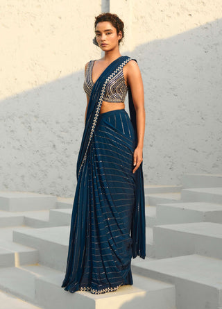 Chayya Blue Pre-Draped Sari And Blouse by Chamee And Palak available on Indiaspopup