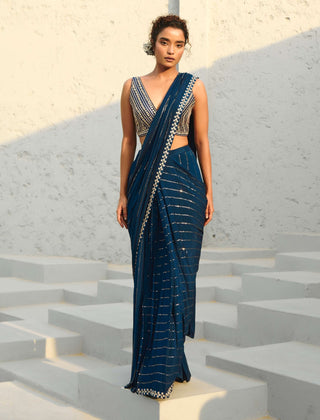 Chayya blue pre-draped sari and blouse