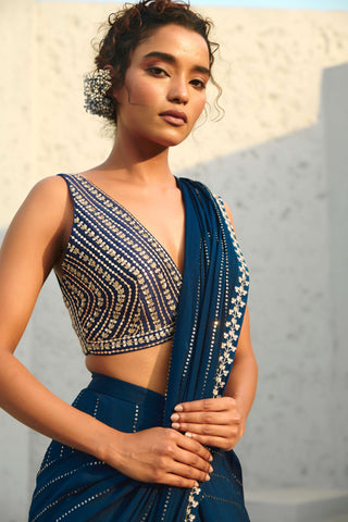 Chayya blue pre-draped sari and blouse