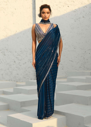 Chayya Blue Pre-Draped Sari And Blouse by Chamee And Palak available on Indiaspopup