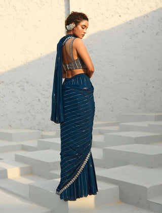 Chayya blue pre-draped sari and blouse