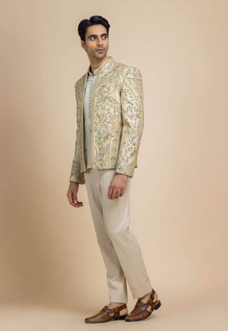 Zavian pistachio green short jacket, kurta and pant