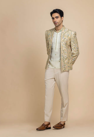 Zavian pistachio green short jacket, kurta and pant