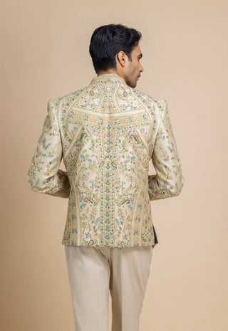 Zavian pistachio green short jacket, kurta and pant