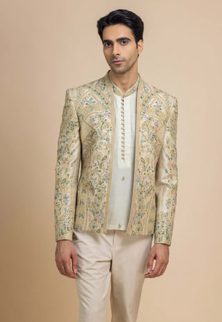 Zavian pistachio green short jacket, kurta and pant