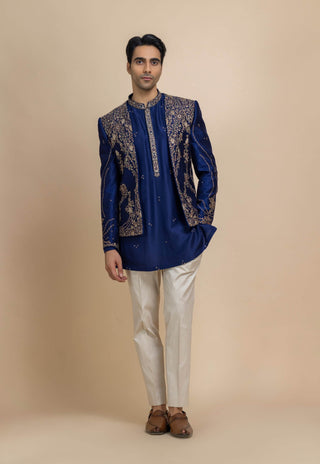 Sterling royal blue open jacket, kurta and pant