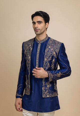 Sterling royal blue open jacket, kurta and pant