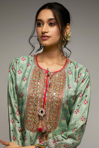 Gopi Vaid-Tilla Green Tunic And Palazzo-INDIASPOPUP.COM