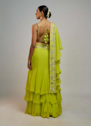 Gopi Vaid-Lime Green Absar Sari And Blouse-INDIASPOPUP.COM