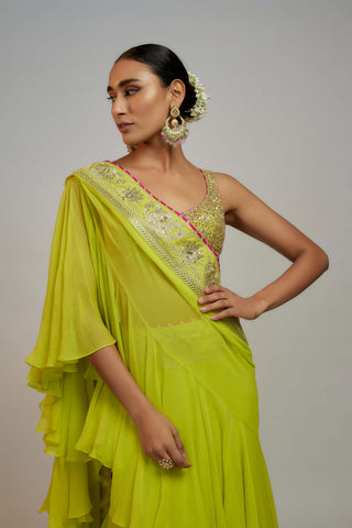 Gopi Vaid-Lime Green Absar Sari And Blouse-INDIASPOPUP.COM