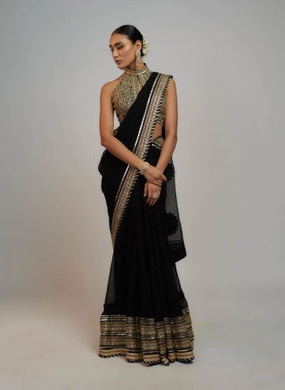 Gopi Vaid-Golconda Black Draped Sari And Blouse-INDIASPOPUP.COM