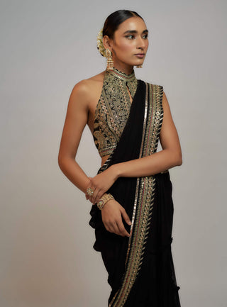 Gopi Vaid-Golconda Black Draped Sari And Blouse-INDIASPOPUP.COM