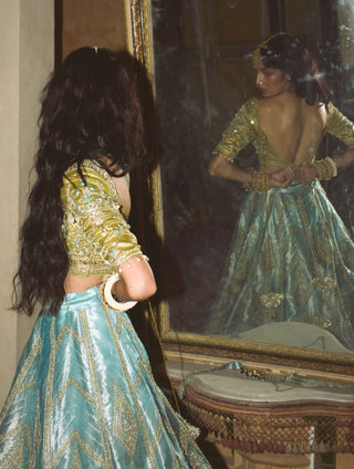 Ice blue silk zari lehenga set