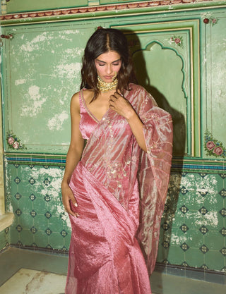 Blush pink crushed silk sari and blouse