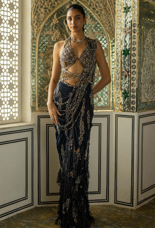 Ailiz navy draped sari and blouse