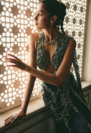 Ailiz navy draped sari and blouse