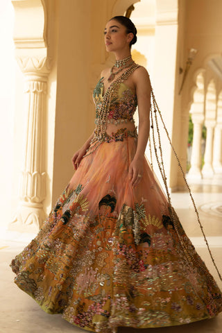 Zarmin ombre asymmetric lehenga with corset