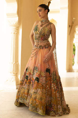Zarmin ombre asymmetric lehenga with corset