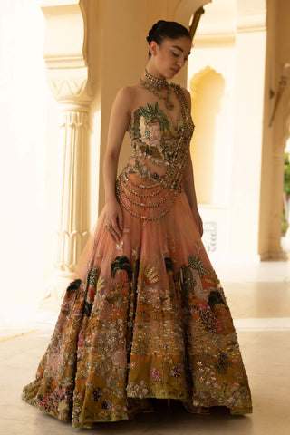 Zarmin ombre asymmetric lehenga with corset
