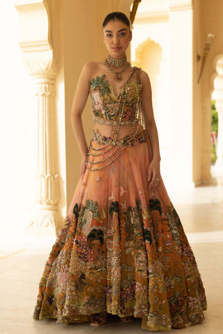 Zarmin ombre asymmetric lehenga with corset